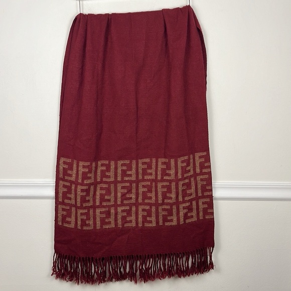 Vintage FENDI Dark Red Wool Fringe Scarf 23x67” - Picture 2 of 6
